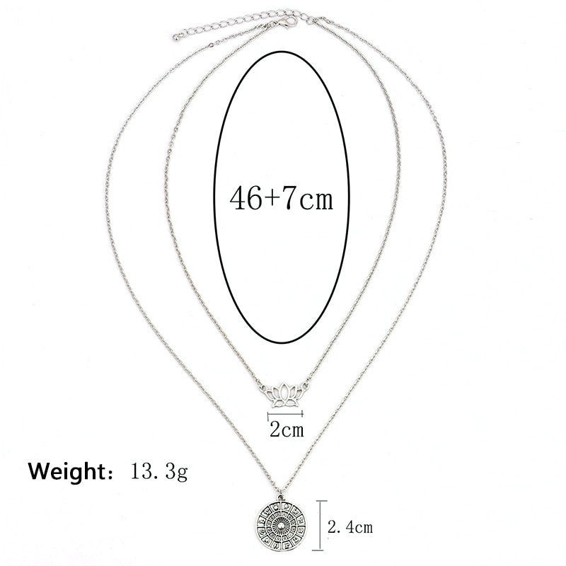 Ladies Bohemian Lotus Compass Silver Multilayer Retro Chain Long Necklace