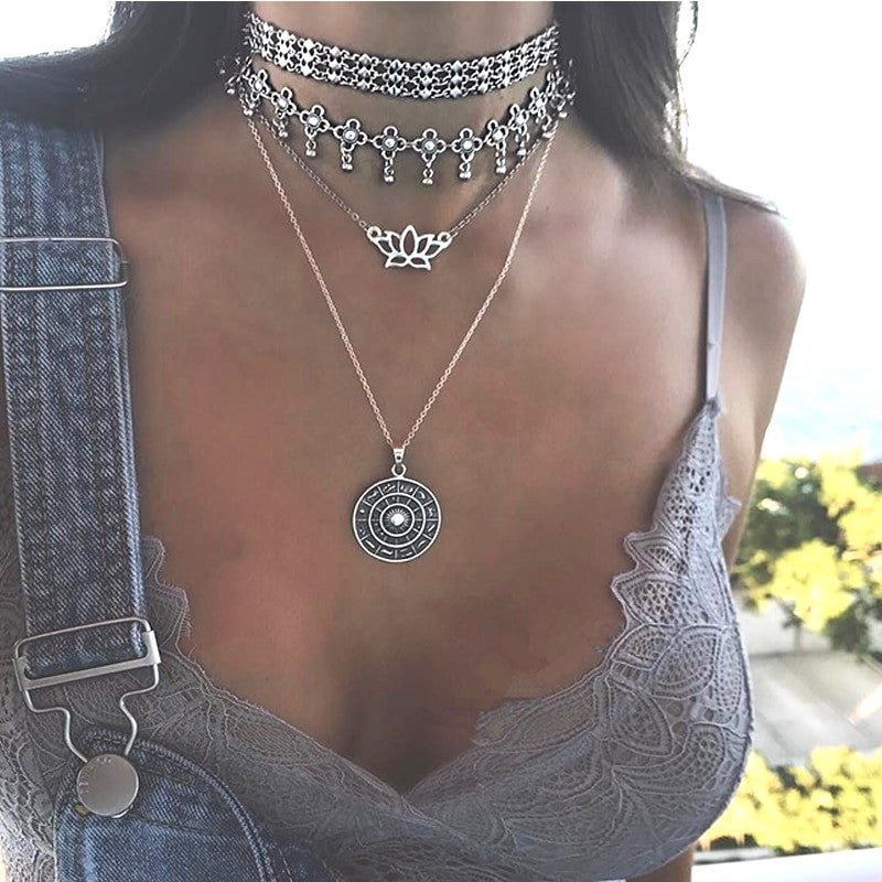 Ladies Bohemian Lotus Compass Silver Multilayer Retro Chain Long Necklace
