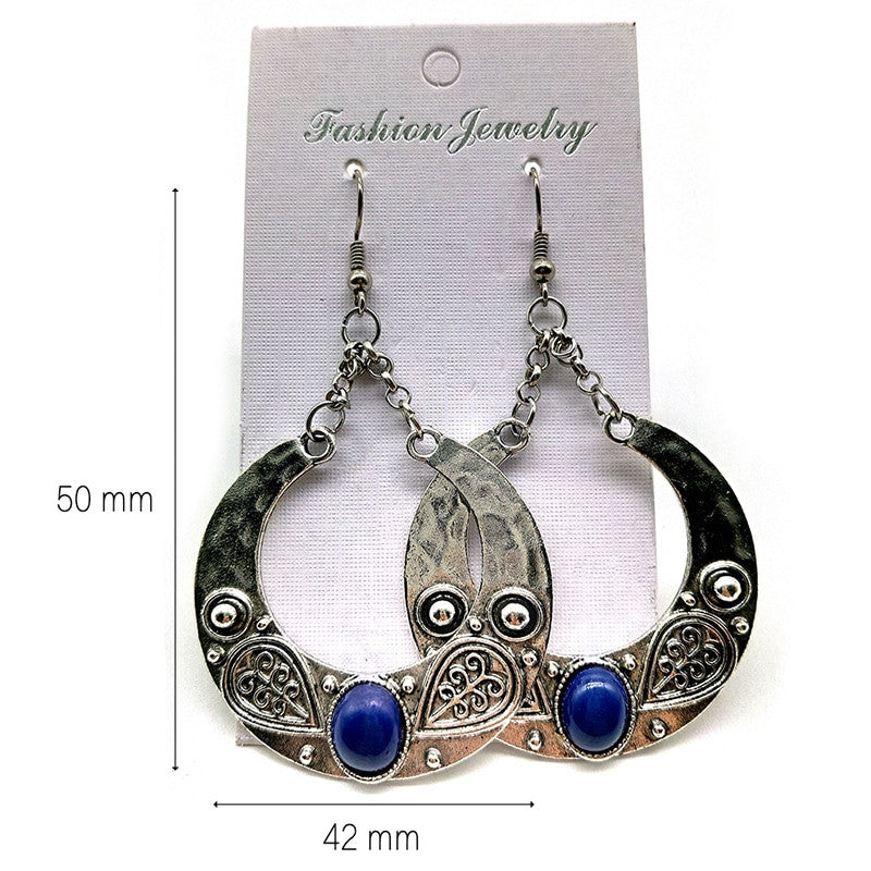 Ladies Silver Vintage Bohemian Retro Fashion Carved Opal Water Drop Earrings