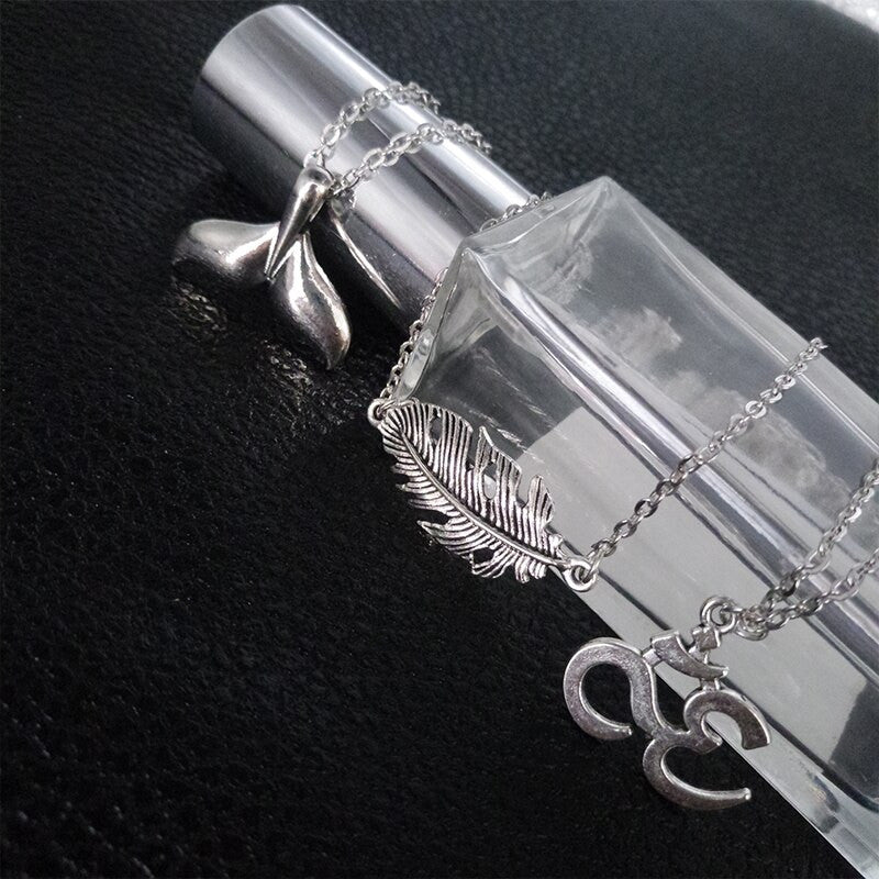 Multi Layer Bohemian Yoga Om Fishtail Leaf Silver Clavicle Chain Necklace Jewelry Set