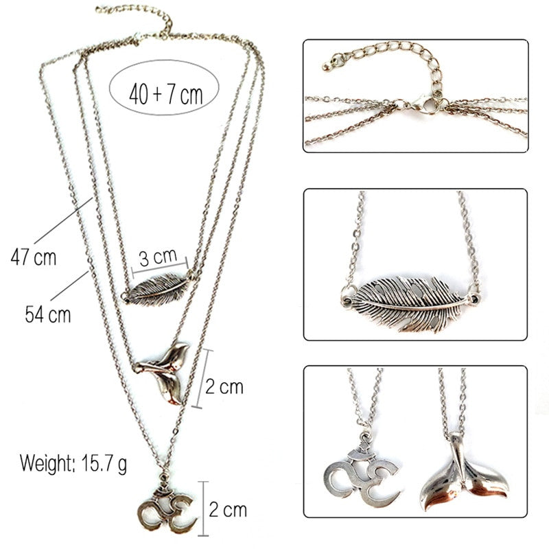 Multi Layer Bohemian Yoga Om Fishtail Leaf Silver Clavicle Chain Necklace Jewelry Set
