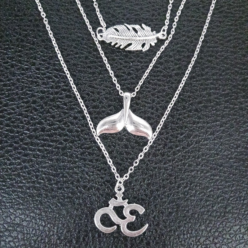 Multi Layer Bohemian Yoga Om Fishtail Leaf Silver Clavicle Chain Necklace Jewelry Set