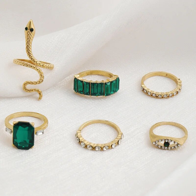 Ladies Purple Butterfly 7pcs Green Emerald 6pcs Piece Gold Bohemian Ring Set