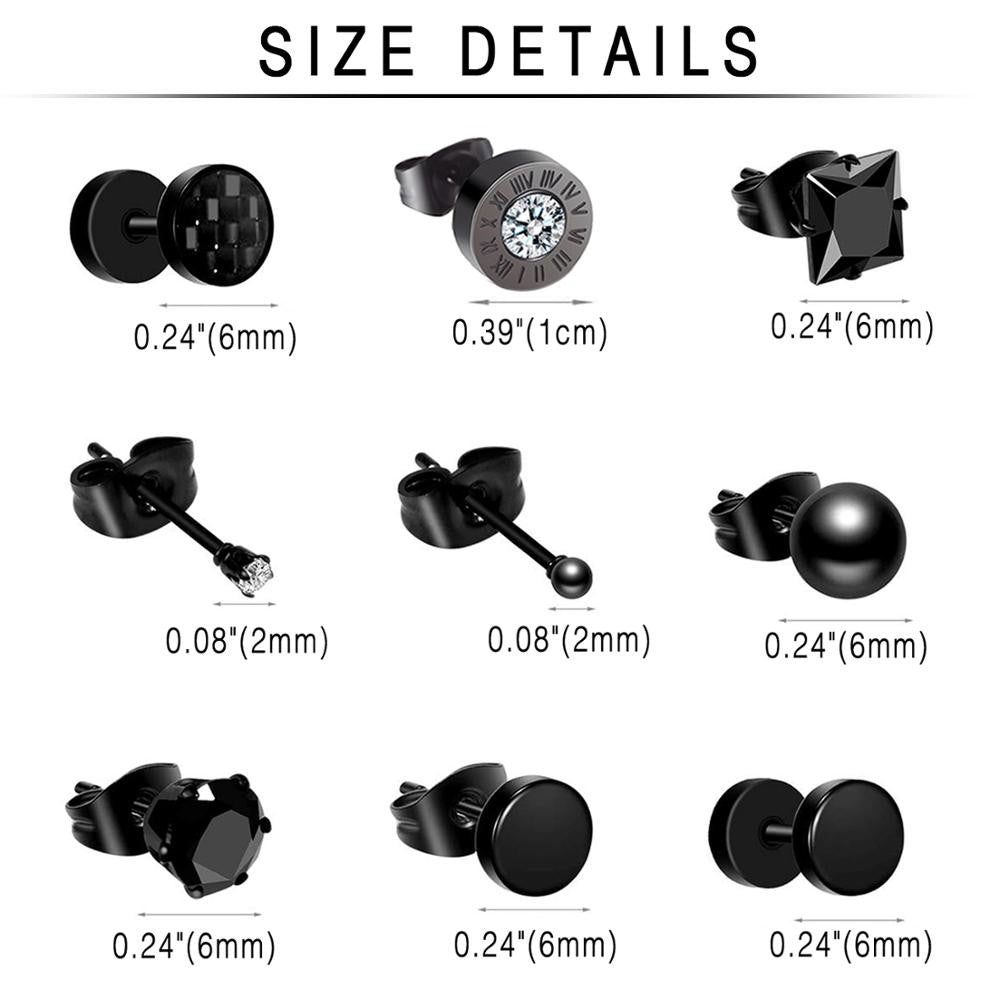 Black No Fade Stainless Steel 15 Pairs Stud Piercing Stud Hoop Dangling Earrings