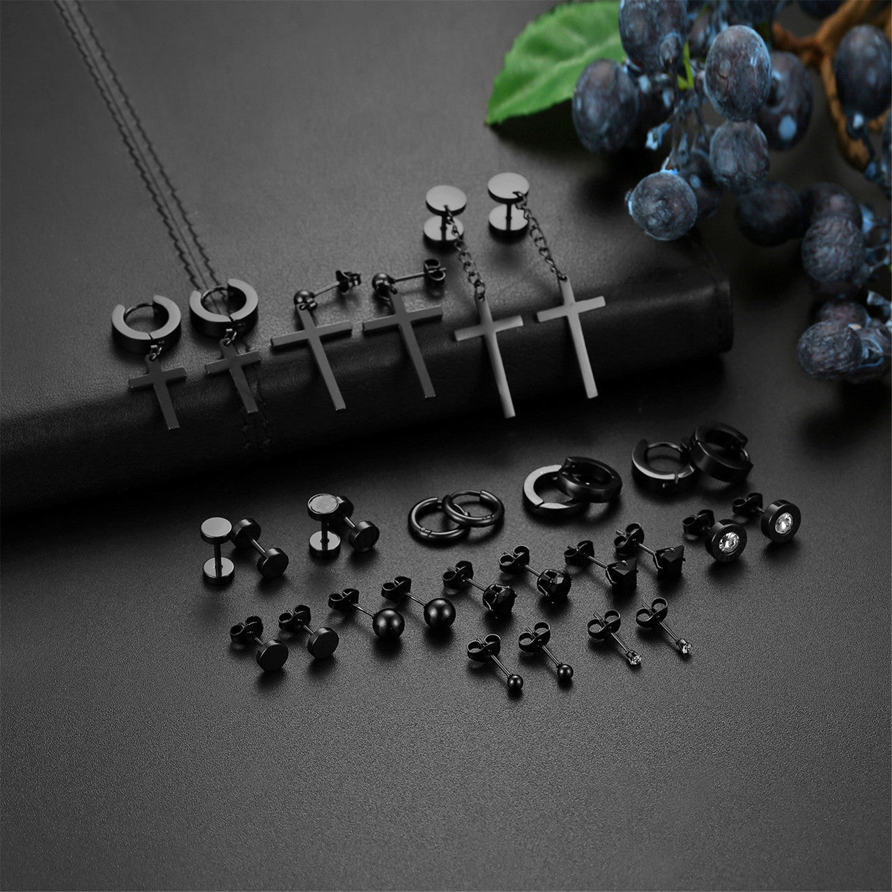 Black No Fade Stainless Steel 15 Pairs Stud Piercing Stud Hoop Dangling Earrings