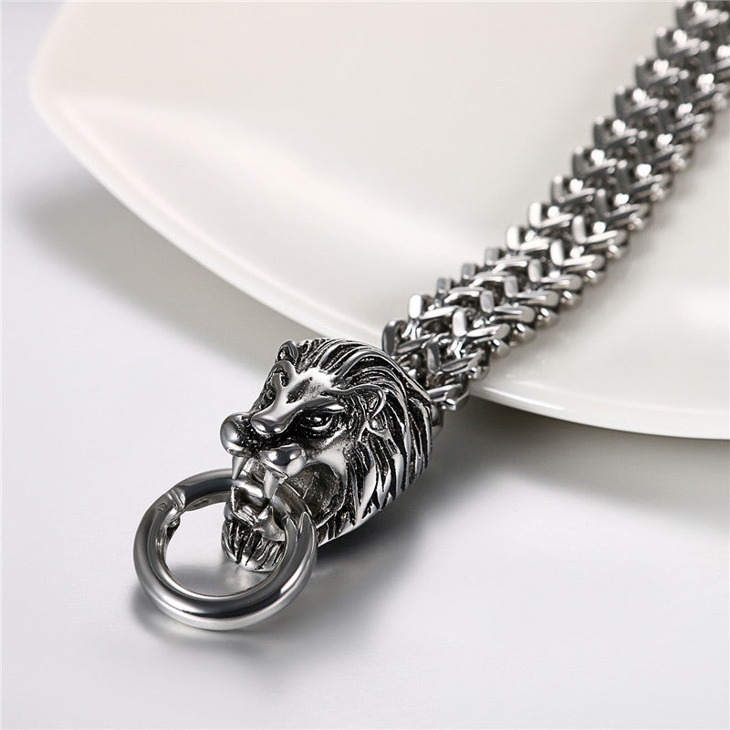 Mens High Fashion Dominant Male Double Lion Head Wide Cuban Link Bracelets