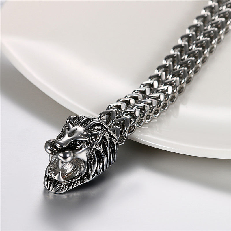 Mens High Fashion Dominant Male Double Lion Head Wide Cuban Link Bracelets