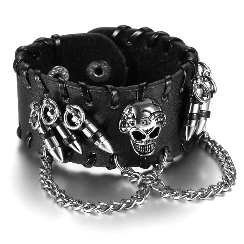 Mens Black Leather Bullet Skull Wide Cuff Street Wear Bracelet