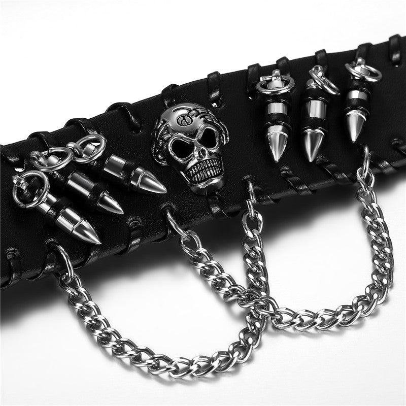 Mens Black Leather Bullet Skull Wide Cuff Street Wear Bracelet