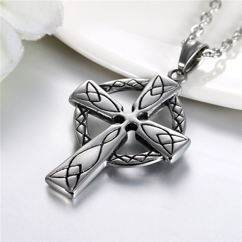 Mens Silver No Fade Stainless Steel Celtic Cross Pendant Chain Necklace