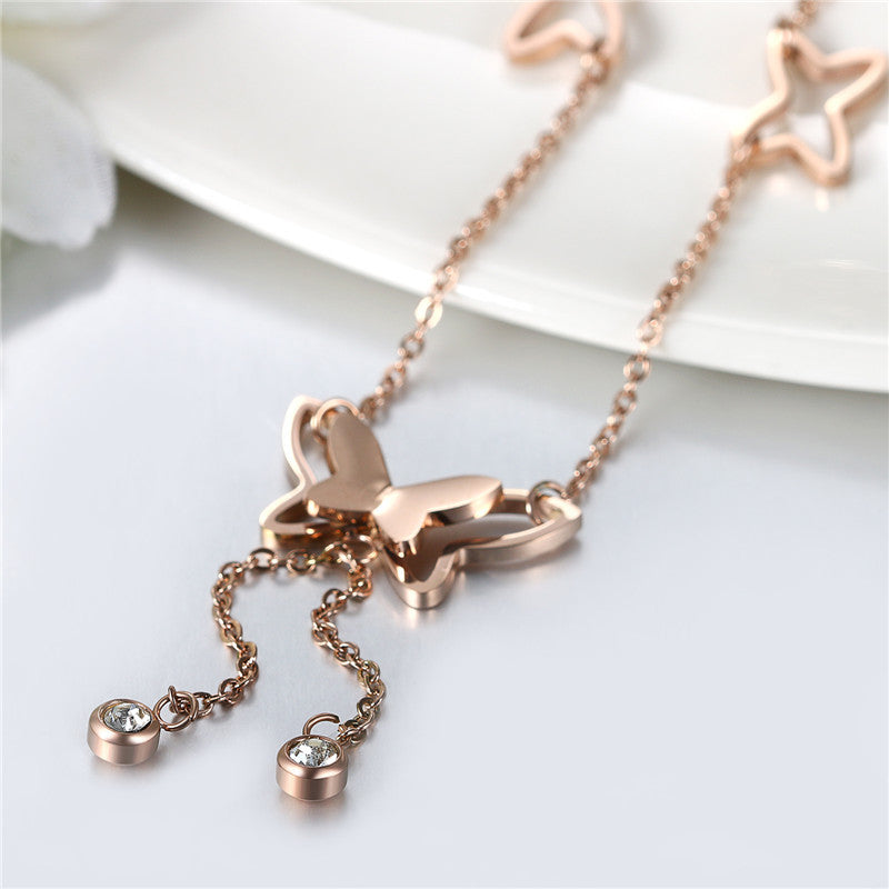 Ladies No Fade Stainless Steel Butterfly Rose Circle Stone Anklet Ankle Bracelet