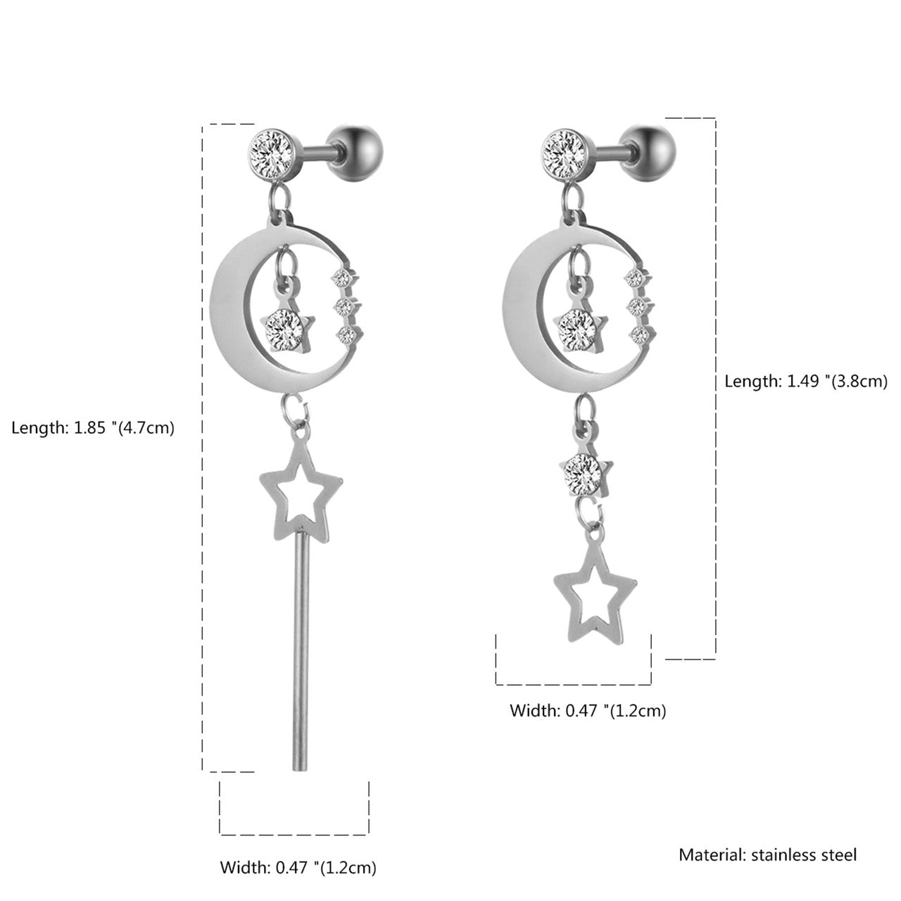 Stainless Steel Moon Star Dangling 14k Gold Silver Bling Earrings