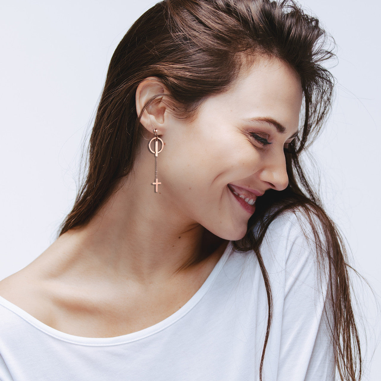 Ladies No Fade Stainless Steel Cross Circle Dangling Earrings