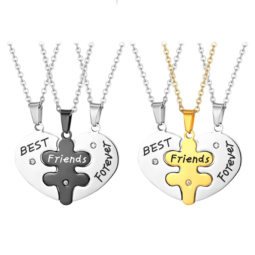 Friendship 3 Puzzle Piece Heart Best Friends Forever Pendant Chain Necklace