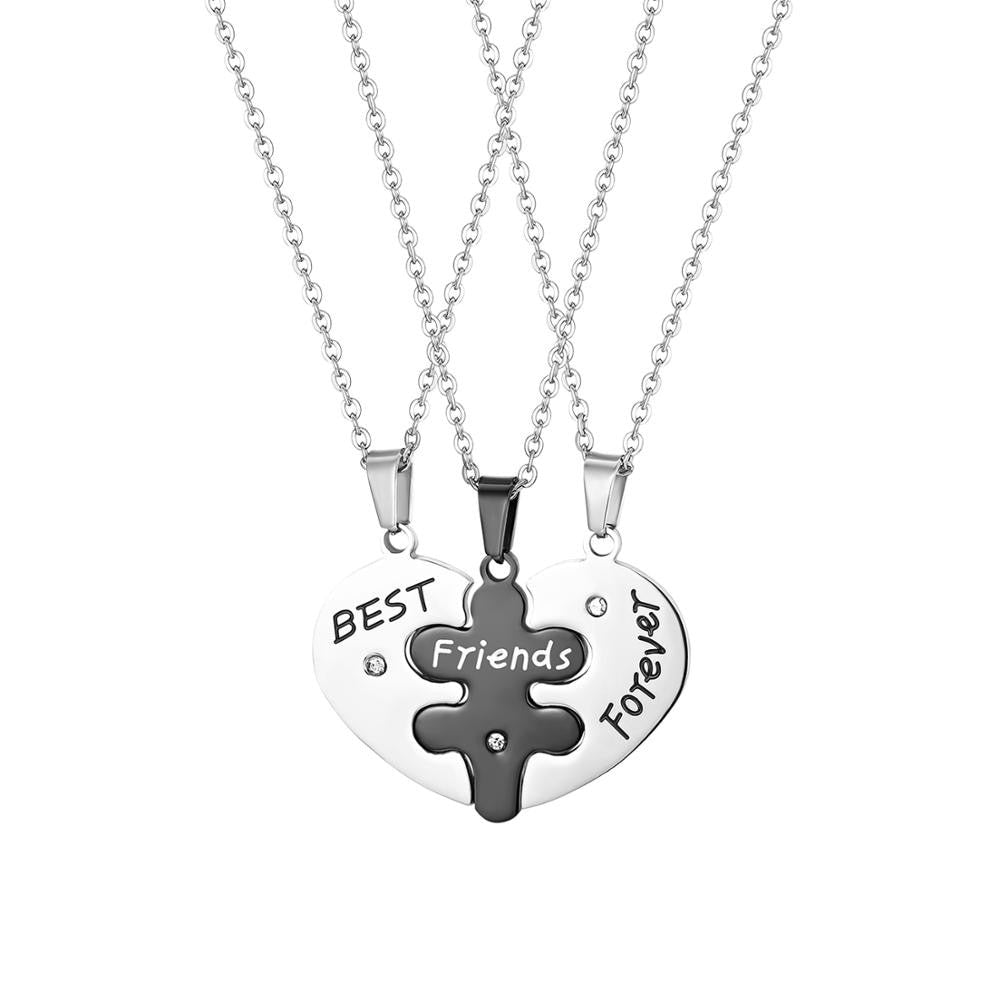 Friendship 3 Puzzle Piece Heart Best Friends Forever Pendant Chain Necklace