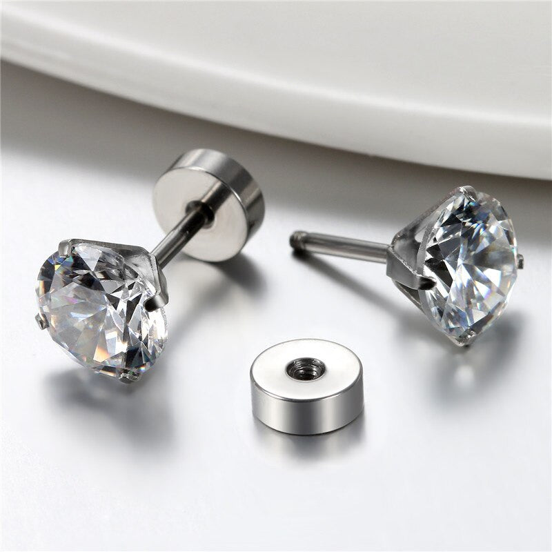 5mm -8mm CZ Stud Solid No Tarnish Stainless Steel Bling Bling Earrings
