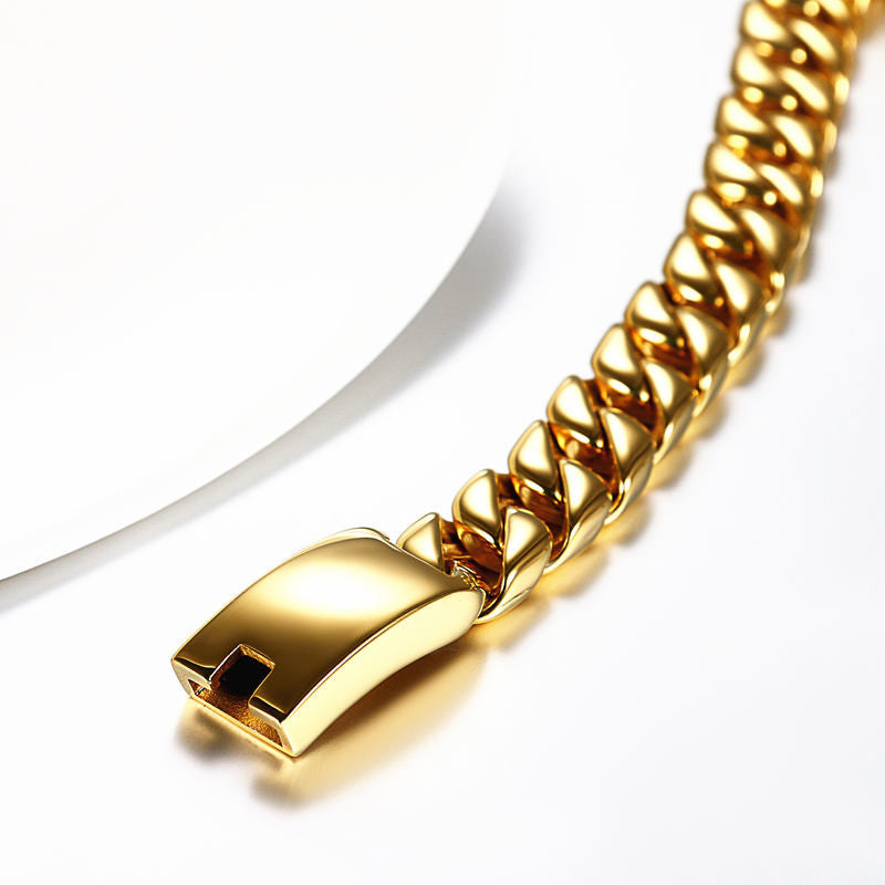 Mens Thick 12mm Black 14k Gold No Fade Stainless Steel Cuban Link Bracelets