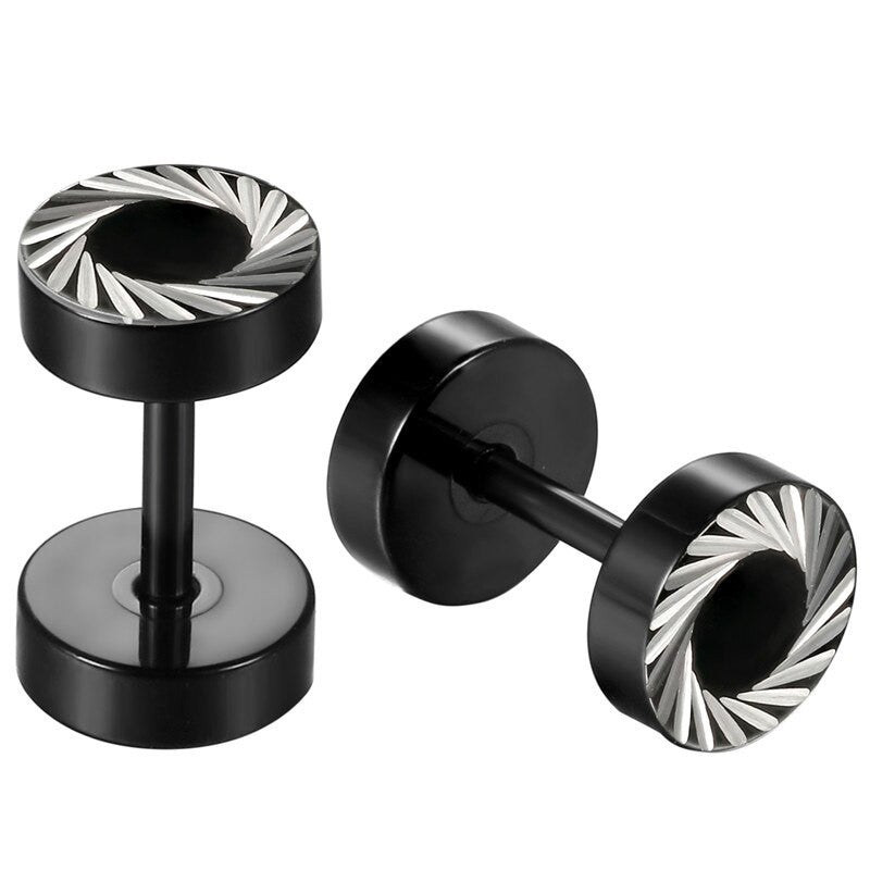 Mens Black Barbell Screw Back Stainless Steel Street Wear Earrings