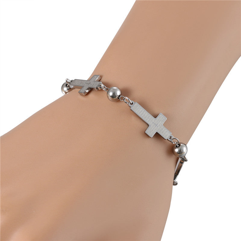 Mens No Fade Stainless Steel Lords Prayer Cross Bracelets
