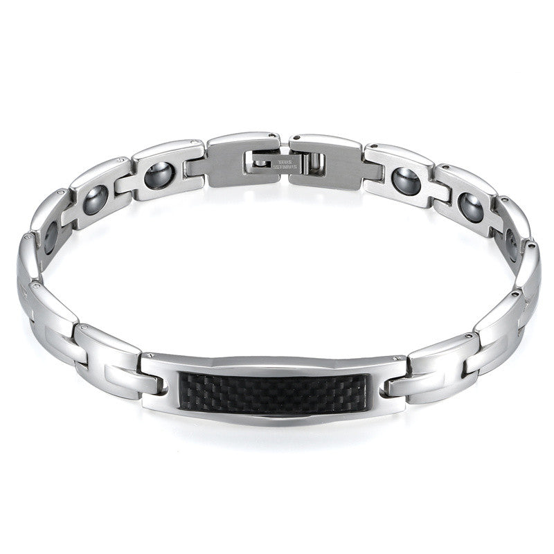 Mens Womens Couples Lover Carbon Fiber Stone No Fade Stainless Steel Bracelets