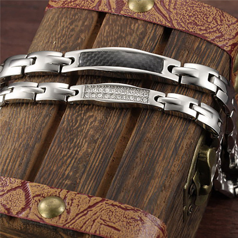 Mens Womens Couples Lover Carbon Fiber Stone No Fade Stainless Steel Bracelets