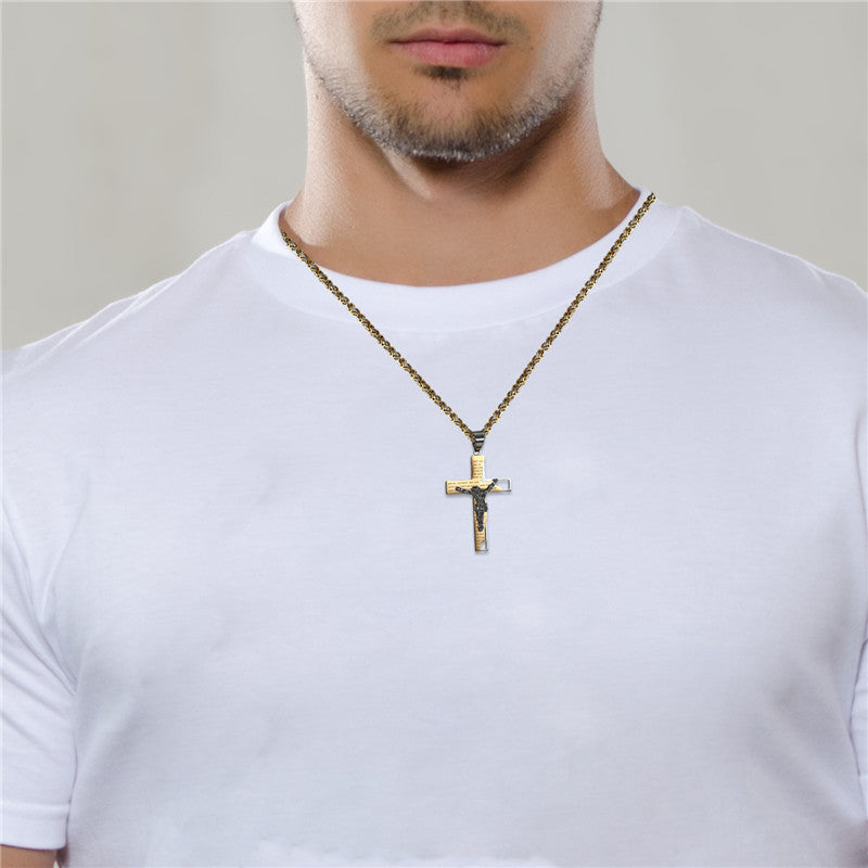 No Fade Black Gold Silver Stainless Steel Hip Hop Cross Pendant Chain Necklace