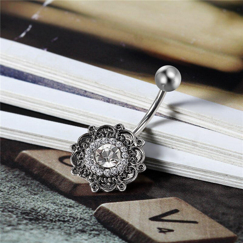 Ladies Silver Flower Cz Handset Stone Belly Button Navel Rings Body Jewelry
