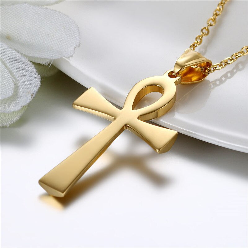 Classic Ancient African Egyptian Ankh 14k Gold over Stainless Steel Cross Pendant Chain Necklace