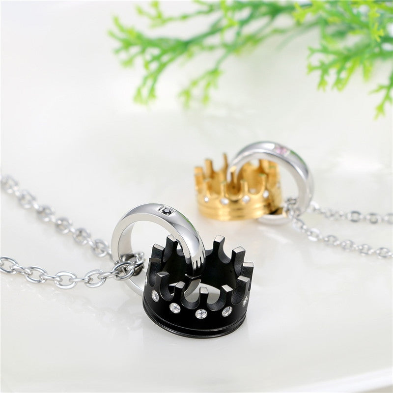 King Queen Couples Lovers Bling Stainless Steel Crown Ring Chain Necklace