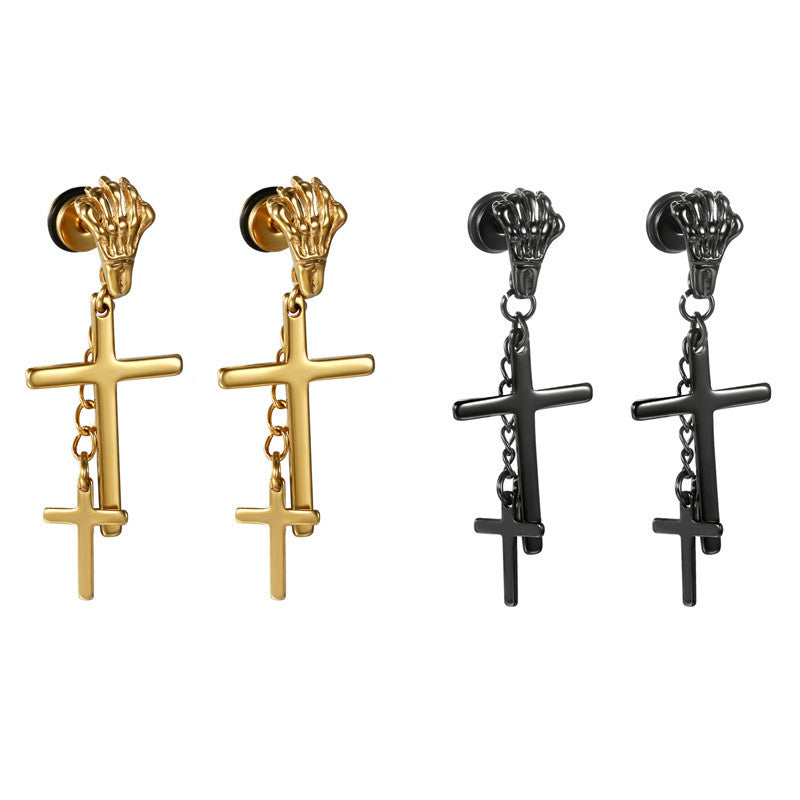Skull Hand Stainless Steel No Fade Stainless Steel Cross Dangling Screw Back Earrings