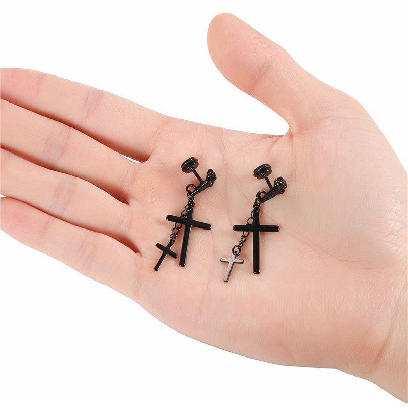 Skull Hand Stainless Steel No Fade Stainless Steel Cross Dangling Screw Back Earrings
