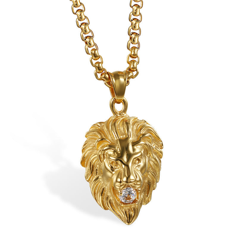 Mens Vintage Look 14k Black Stainless Steel Lion Head Cz Pendant Chain Necklace