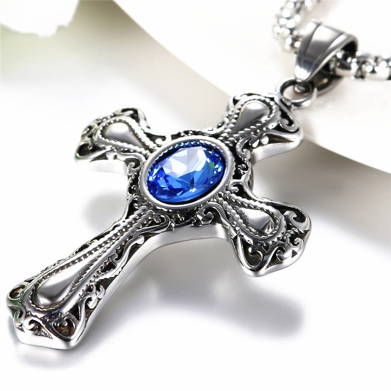 Vintage Styling Stainless Steel Blue Crystal Cross Pendant Chain Necklace