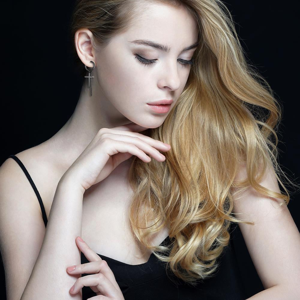 14k Gold Silver Black Cross Chain Hoop Stainless Steel Non Pierced Clamp Bling Earrings