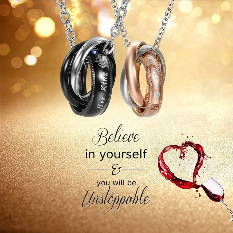 Couples Romantic Lovers Her King His Queen Triple Ring Bling Stainless Steel Chain Necklace