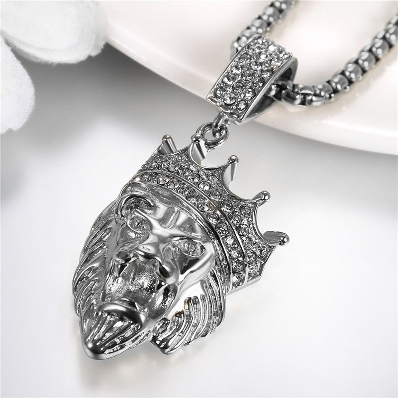 Mens Hip Hop No Fade Stainless Steel King Crown Lion Bling Pendant Chain Necklace