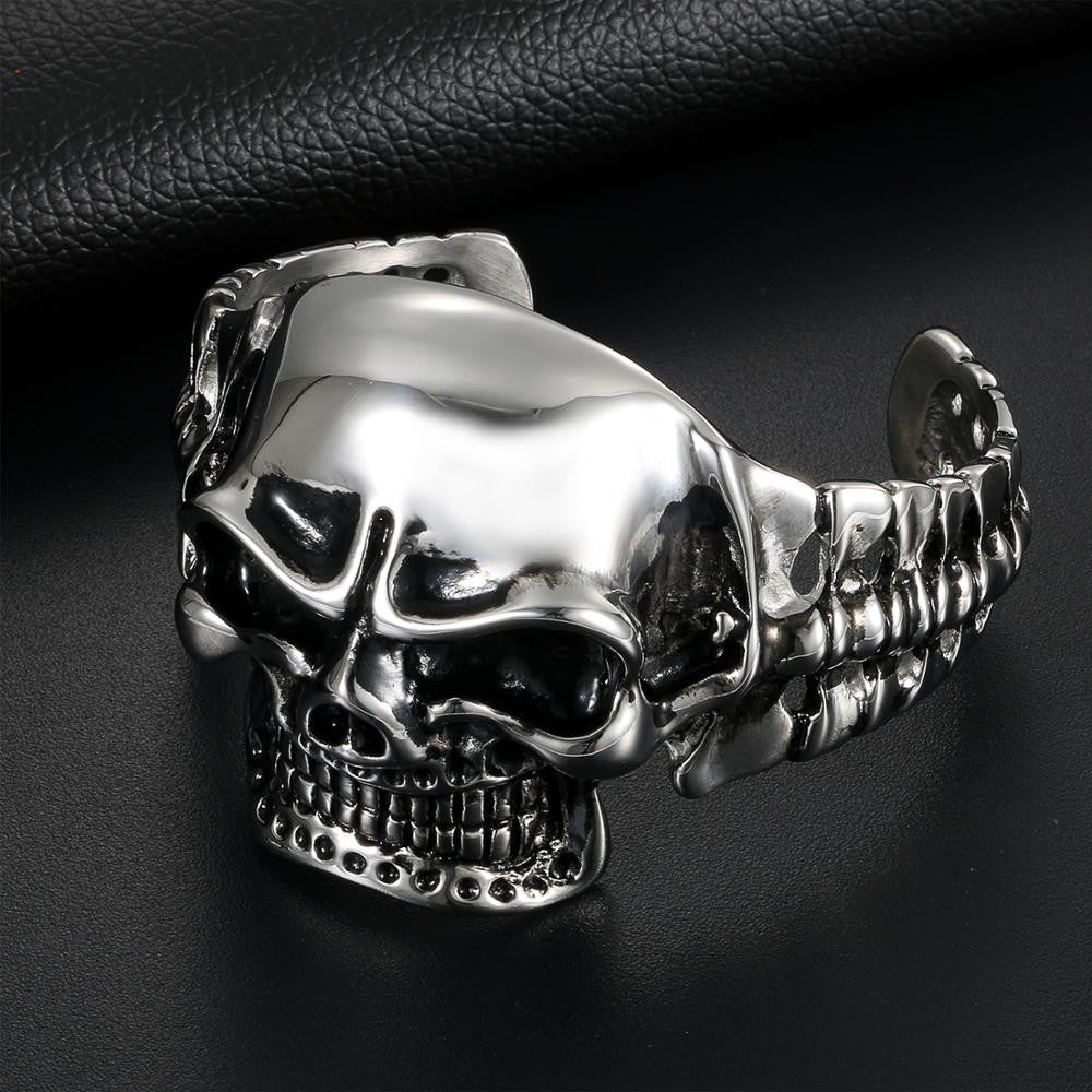 Mens Large Skull No Fade Stainless Steel Heavy Black Silver Hip Hop Bracelet