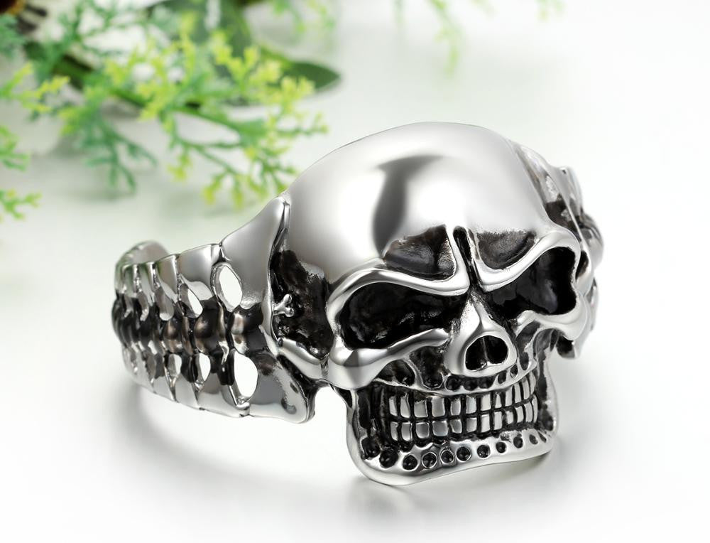 Mens Large Skull No Fade Stainless Steel Heavy Black Silver Hip Hop Bracelet