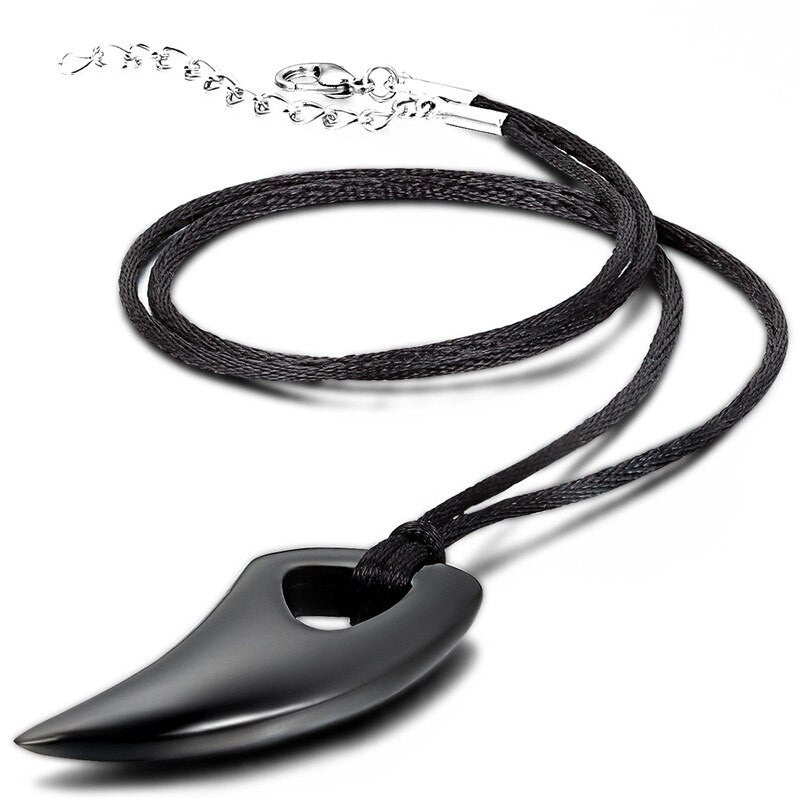 Mens No Fade Stainless Steel Wolf Tooth Leather Cord Pendant Chain Necklace