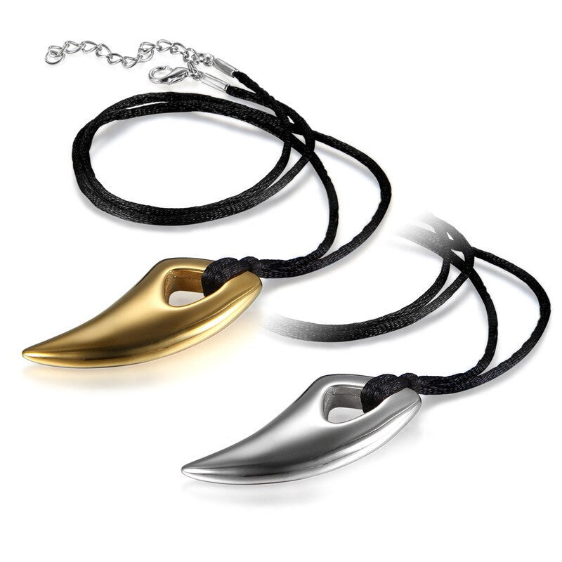 Mens No Fade Stainless Steel Wolf Tooth Leather Cord Pendant Chain Necklace