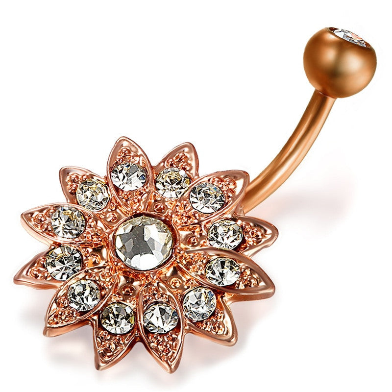 No Fade Stainless Steel Zircon Flower Navel Belly Button Ring Body Jewelry