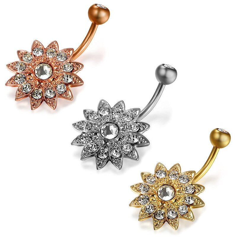 No Fade Stainless Steel Zircon Flower Navel Belly Button Ring Body Jewelry