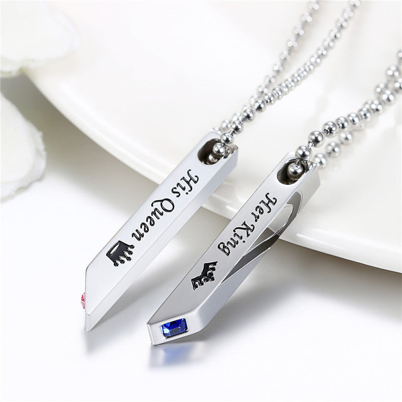Mens Womens King Queen No Fade Stainless Steel Hearts CZ Stone Pendant Chains