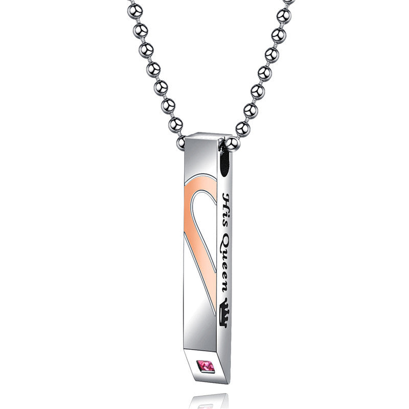 Mens Womens King Queen No Fade Stainless Steel Hearts CZ Stone Pendant Chains