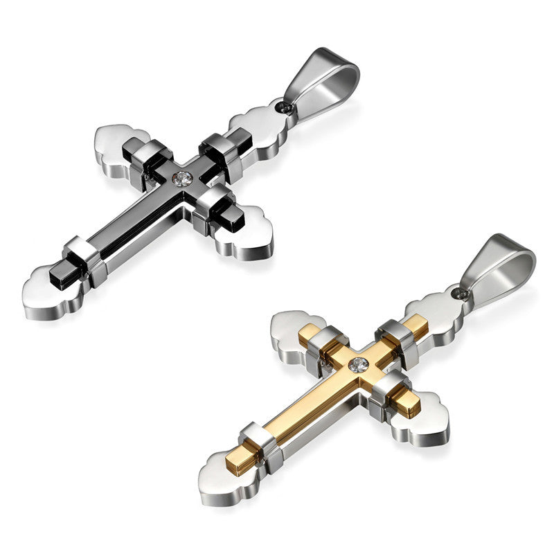 Mens Stainless Steel 14k Gold 3D Layered No Fade Stainless Steel Cross Pendant