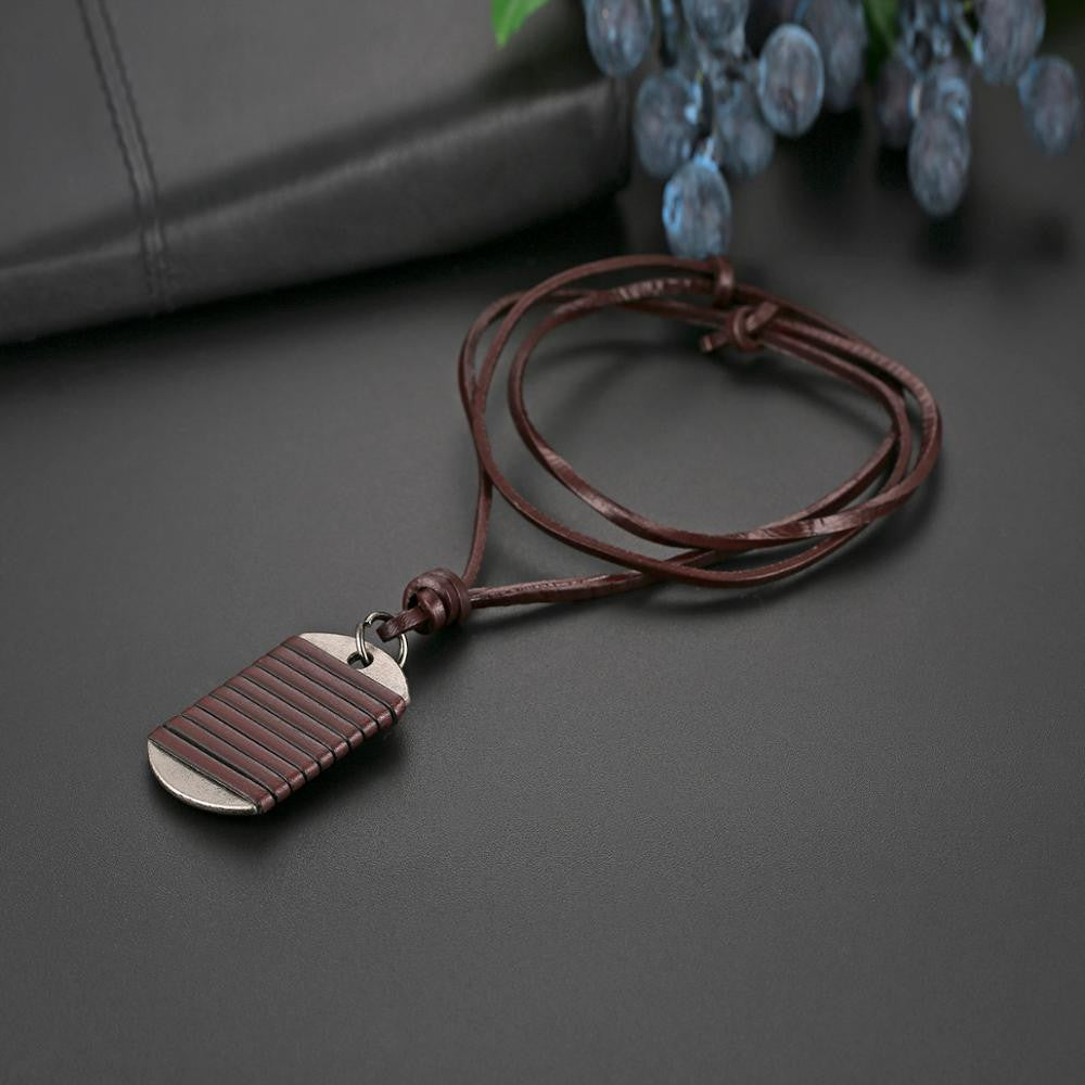 Mens Adjustable Leather Wrap Dog Tag Pendant Chain Necklace