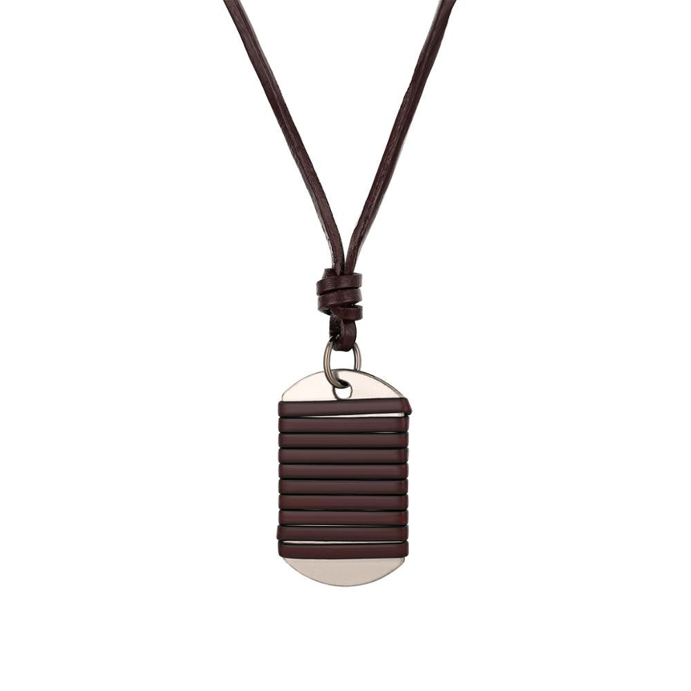 Mens Adjustable Leather Wrap Dog Tag Pendant Chain Necklace