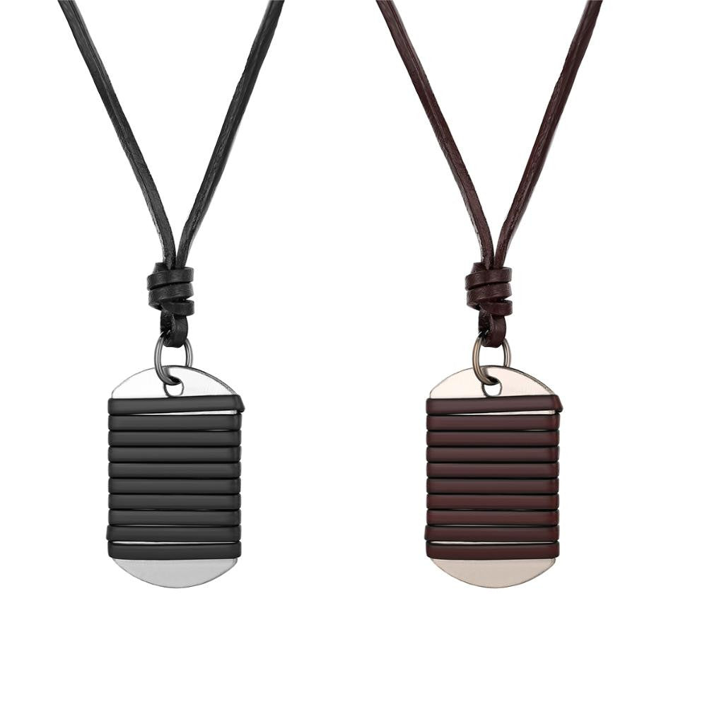 Mens Adjustable Leather Wrap Dog Tag Pendant Chain Necklace