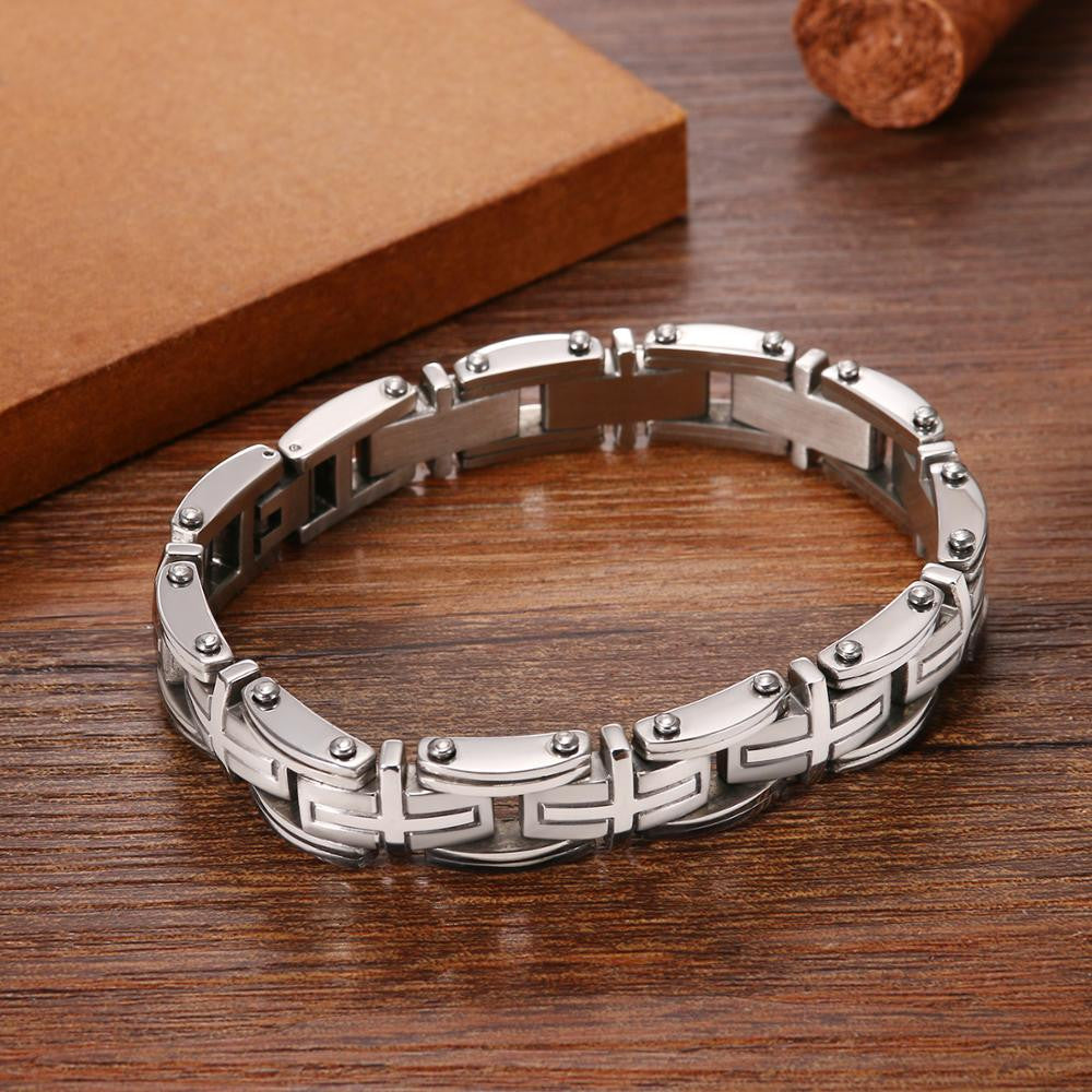 Mens Stainless Steel No Fade Byzantine Cross Link High Fashion Bracelet