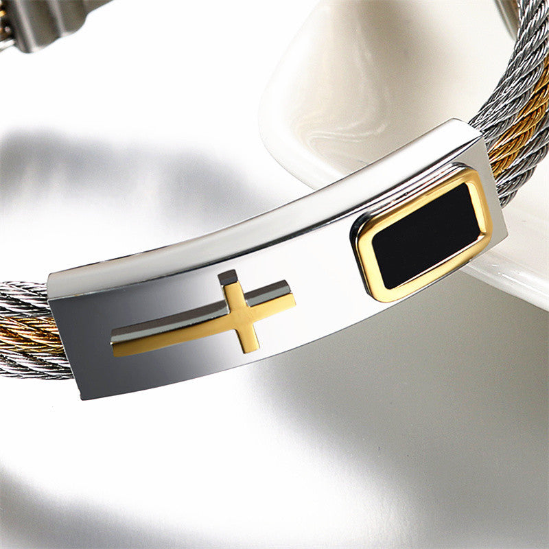 Mens Stainless Steel 14k Gold Silver Cross No Fade Bracelets